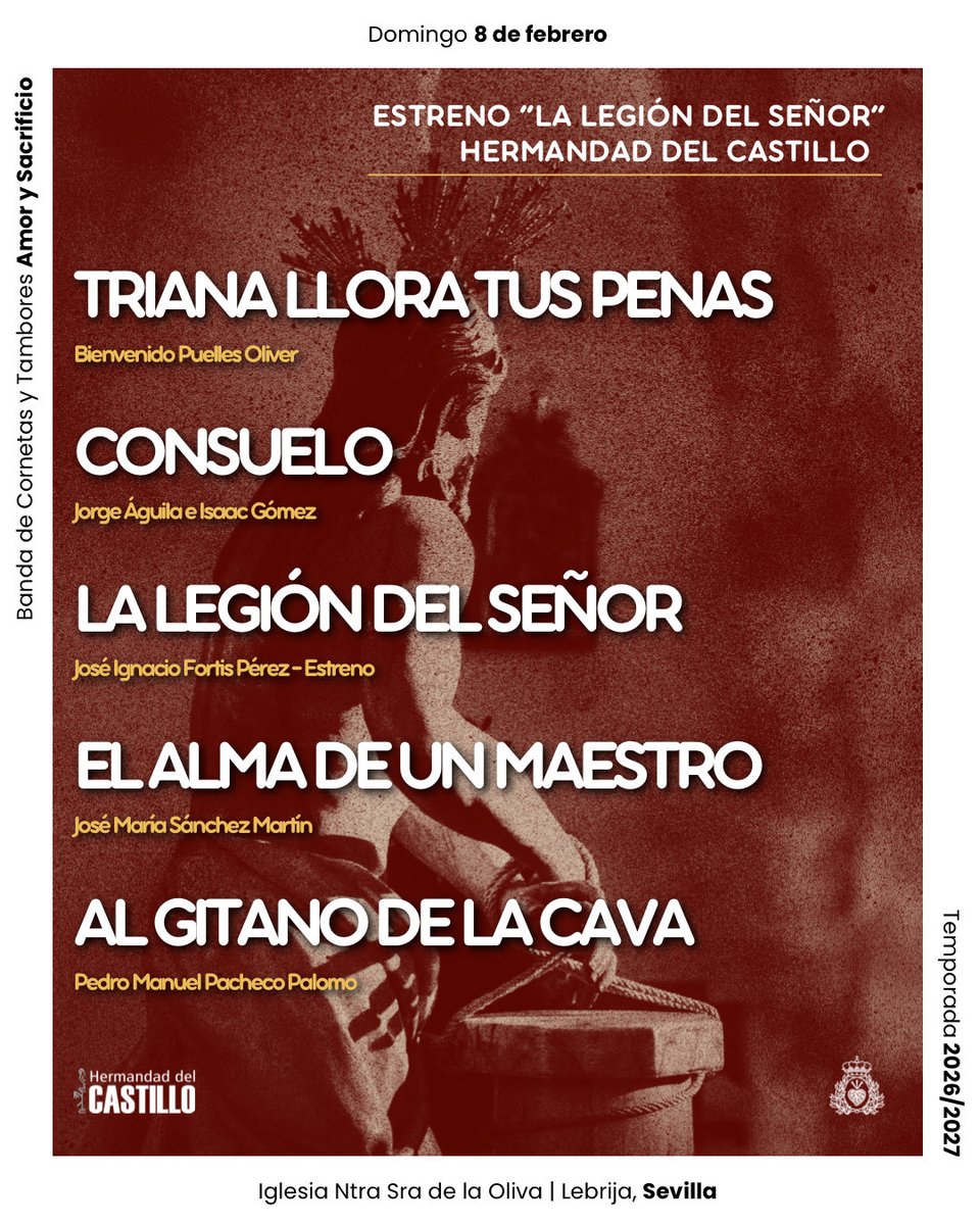🎺 #AmorySacrificio 𝗘𝗡 𝗖𝗢𝗡𝗖𝗜𝗘𝗥𝗧𝗢. 

📲 Este será el repertorio que interpretará nuestra formación en el concierto de hoy. 

Destacar el estreno en 🔴𝗗𝗜𝗥𝗘𝗖𝗧𝗢 de la nueva obra musical "𝗟𝗮 𝗟𝗲𝗴𝗶𝗼́𝗻 𝗱𝗲𝗹 𝗦𝗲𝗻̃𝗼𝗿" 

¡Te esperamos!