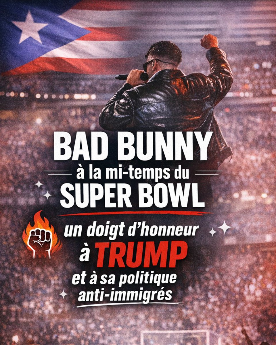 Dans quelques heures, Bad Bunny sera l’artiste principal de la mi-temps du Super Bowl.
Au-delà du show, c’est un événement politique : pour la première fois, un artiste chantant majoritairement en espagnol occupe la scène la plus regardée des États-Unis.
 
Bad Bunny à la mi-temps