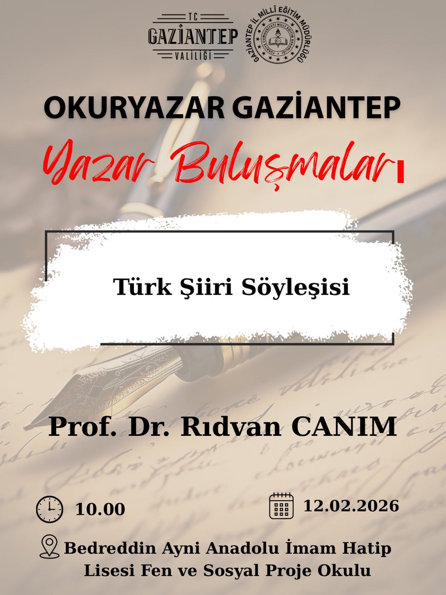 Gaziantep İl Millî Eğitim Müdürlüğü koordinesinde yürütülen Okuryazar Gaziantep projesi kapsamında Yazar Buluşmaları etkinliği gerçekleştirilecektir. ✨
Prof. Dr. Rıdvan Canım’ın katılımıyla düzenlenecek “Türk Şiiri Söyleyişisi”nde Türk şiirinin gelişim süreci, şiirin duygu