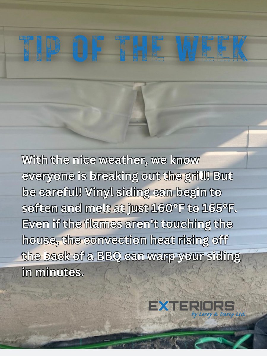Exteriorsld's tweet image. Keep your grill at least 3 feet away from any siding or trim. If your siding already looks wavy or has a bubbled texture behind the grill, it’s unfortunately permanent and needs to be replaced to keep your home's seal intact. 🏡 

#ExteriorsByLeroyAndDarcy #TipOfTheWeek #Siding