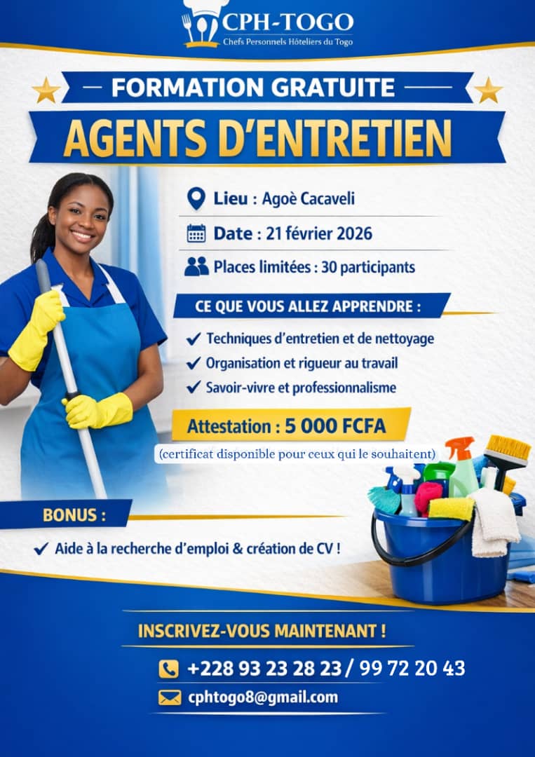 🌟 FORMATION GRATUITE : Agents d’Entretien – 21/02 à Agoè Cacaveli ! 
✅ Techniques de nettoyage, organisation &amp; professionnalisme 
💰 Certificat : 5 000 FCFA 
📞 Inscriptions : +228 93 23 28 23 / 99 72 20 43 #TogoAnnonces 
#FormationTogo #Emploi