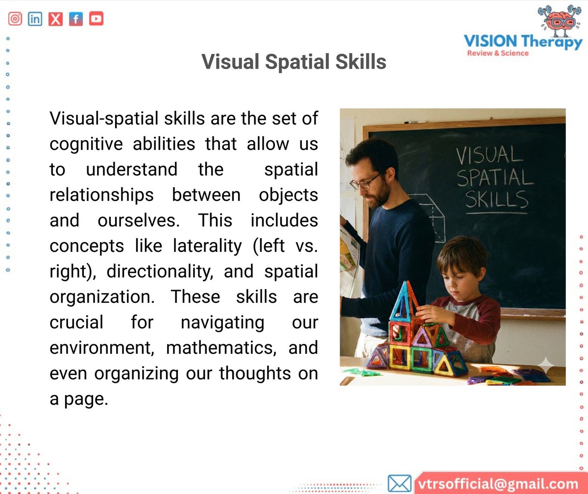 VTRSofficial's tweet photo. Visual-spatial skills are the "inner GPS" for learning. π§ From solving complex math to organizing thoughts on a page, these cognitive abilities are essential for navigating the world with confidence. Let's look beyond 20/20. ποΈ
#VTRS #visualspatialskills #visiontherapy #eyecare https://t.co/hP3a8QmEUv