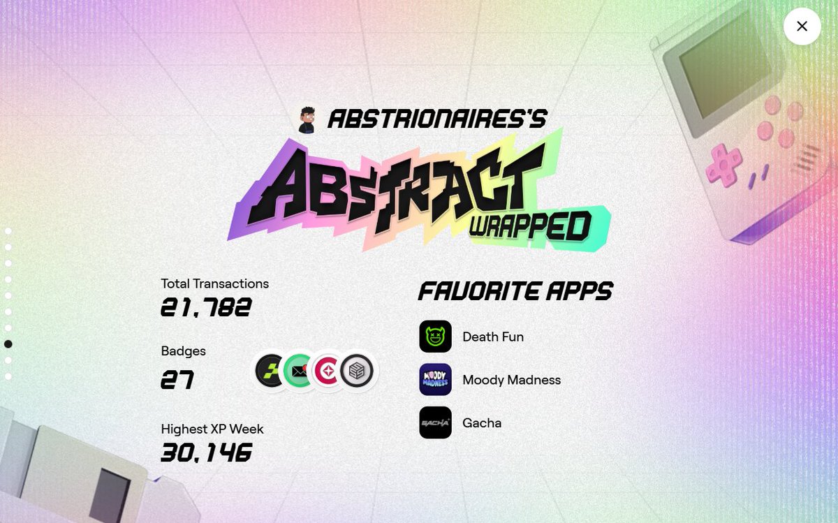 abstrionaires's tweet photo. Wrapping up one year on @AbstractChain

Stayed focused on the journey, kept enjoying the process, and only now realizing how much was done along the way:

• 21,782 transactions
• 27 badges 
• 30,146 highest XP week

Grateful for the grind — this is just the beginning. https://t.co/3HQHwdoDX2