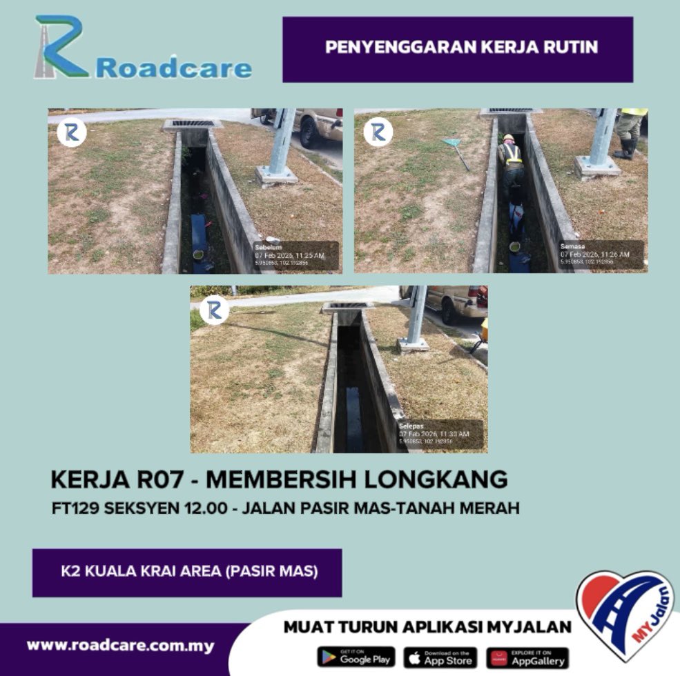 RC_KKrai's tweet photo. 🚧 👷🏻‍♂️Kemas Kini Kerja-Kerja Rutin 👷🏻‍♂️🚧
Rutin : R07 - Membersih Longkang
Tarikh : 7 Feb 2026
Daerah : Pasir Mas, Kelantan
Lokasi : FT129 Seksyen 12.00 (Jalan Pasir Mas-Tanah Merah)

@Roadcare_HQ https://t.co/gJaYAK4rko