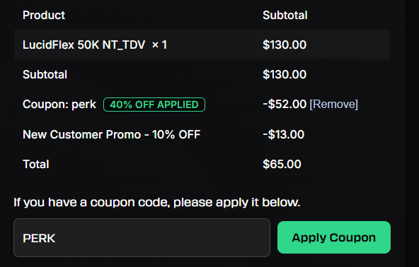 Lucid Trading   

50K Account at a Historic Low — Just $65 (No Funded Consistency Rule)   

Code PERK  

lucidtrading.com/ref/Tradebyadi/