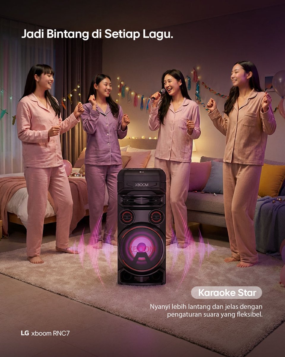 Momen bernyanyi di rumah terasa lebih percaya diri saat suara terdengar lantang dan jernih.

LG Speaker LG XBOOM RNC7 dilengkapi fitur Karaoke Star yang memungkinkan pengaturan suara lebih fleksibel, sehingga setiap lagu terdengar lebih jelas dan seimbang. Suasana pun terasa