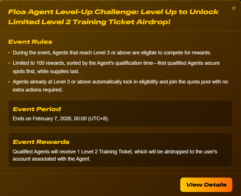 The Floa Agent level-up challenge has officially concluded, with a total of 35 creators meeting the criteria and successfully winning a Level 2 training ticket as a reward !

We will distribute rewards soon and announce the burn hash.