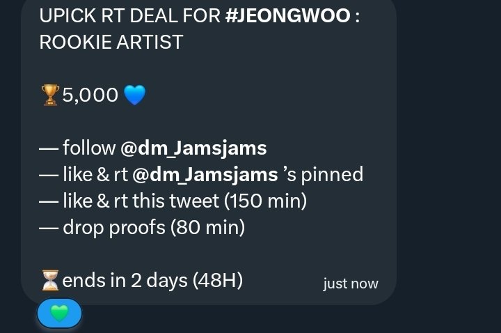 UPICK RT DEAL FOR #JEONGWOO : ROOKIE ARTIST

🏆5,000 💙

— follow <a href="/dm_Jamsjams/">jams</a> 
— like &amp; rt <a href="/dm_Jamsjams/">jams</a> ’s pinned 
— like &amp; rt this tweet (150 min)
— drop proofs (80 min)

⏳️ends in 2 days (48H)
