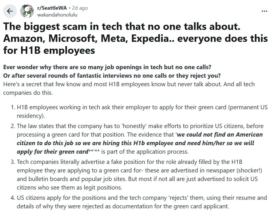 The severe collapse in jobs has resulted in Reddit threads leaning more nativist on H-1B than your average hard core GOP representative.

This is going to get weird.