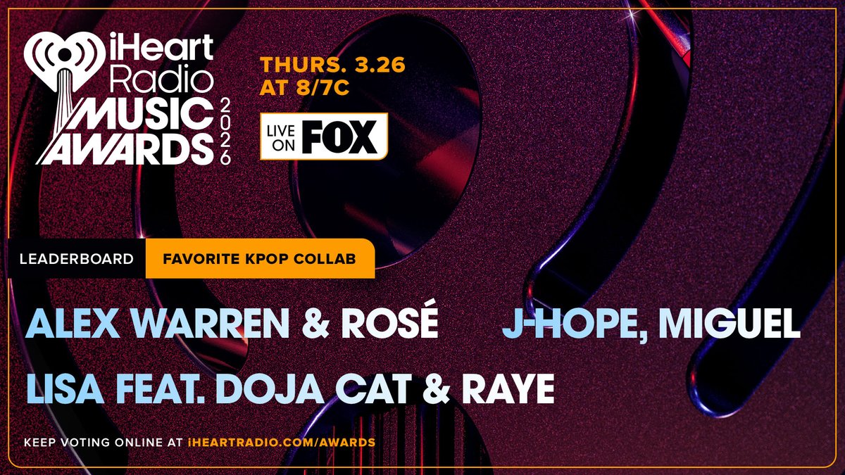 [🏆] 2026 iHeartRadio Music Awards | Favorite K-Pop Collab  

We’re not in the Top 3 leaderboard but we can still catch up!

✅: Make sure to vote in ALL categories so your votes will count
📢: US, Canada, Mexico, Australia, New Zealand
🗓: March 20
🗳️: iheart.com/music-awards/