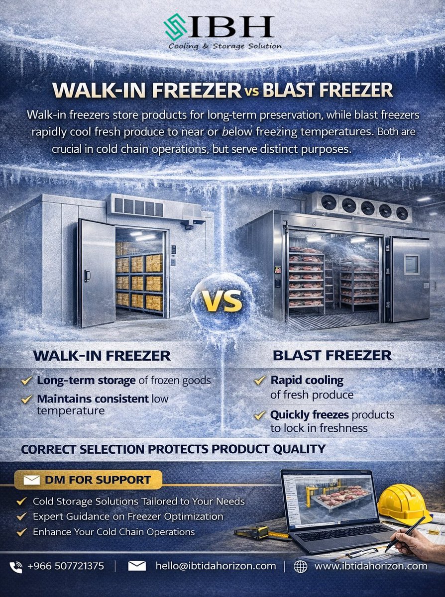 IBH_Horizon's tweet image. Walk-In Freezer or Blast Freezer — which one does your operation really need?
Storage vs rapid cooling. The right choice protects product quality and cold chain efficiency.

DM us for expert guidance.
+966 507721375, Email: hello@ibtidahorizon.com

#WalkInFreezer #BlastFreezer