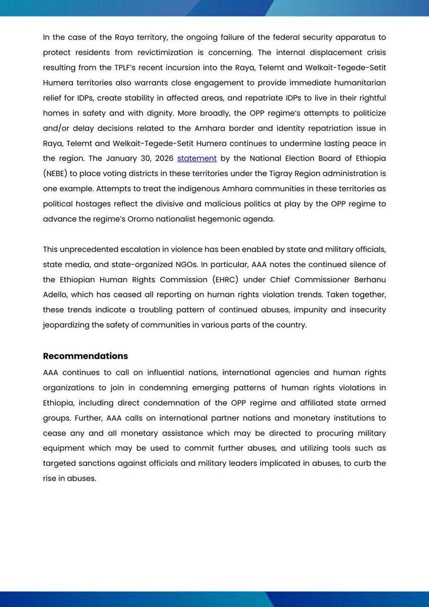 ⚡️ℹ️#STATEMENT: Concern Over Escalation of Violence in Amhara Region and Surrounding Areas in Ethiopia

📅 February 8, 2026 (Yekatit 1, 2018 E.C.)

🔗 amharaamerica.org/post/concern-o…