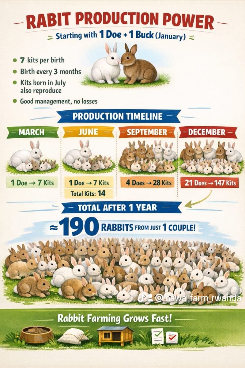 Nawa_farm's tweet photo. 190 rabbits in just 1 year? 🐰🔥
It’s not magic ,it’s GOOD MANAGEMENT.
Proper feeding, planned breeding, clean housing, plus extra income from rabbit urine & manure
Zero waste. More profit.
Rabbit farming grows fast when managed right! 💪
#RabbitFarming #GoodManagement https://t.co/f9GVt0ht9G