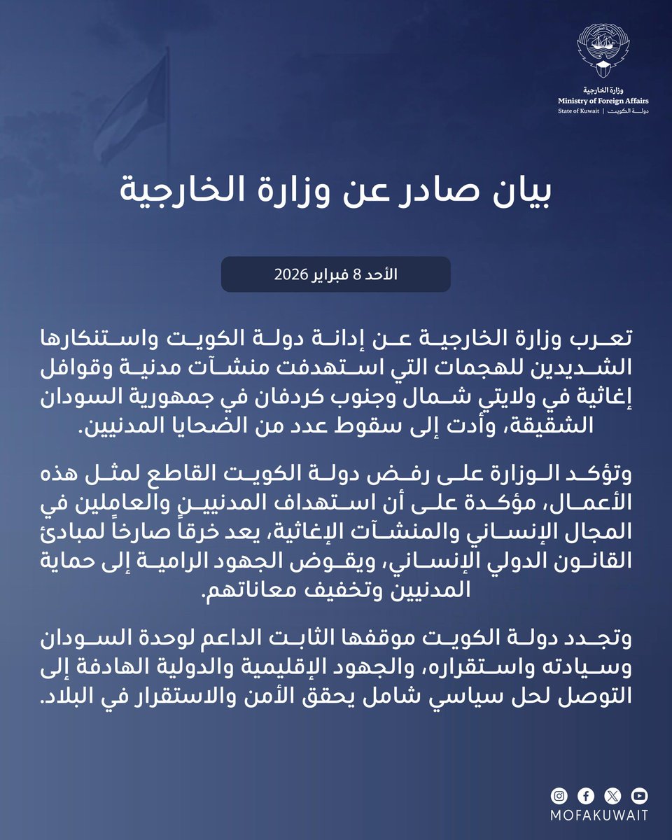 بيان صادر عن وزارة الخارجية
الأحد 8 فبراير 2026

تعرب وزارة الخارجية عن إدانة دولة الكويت واستنكارها الشديدين للهجمات التي استهدفت منشآت مدنية وقوافل إغاثية في ولايتي شمال وجنوب كردفان في جمهورية السودان الشقيقة، وأدت إلى سقوط عدد من الضحايا المدنيين.

وتؤكد الوزارة على رفض دولة