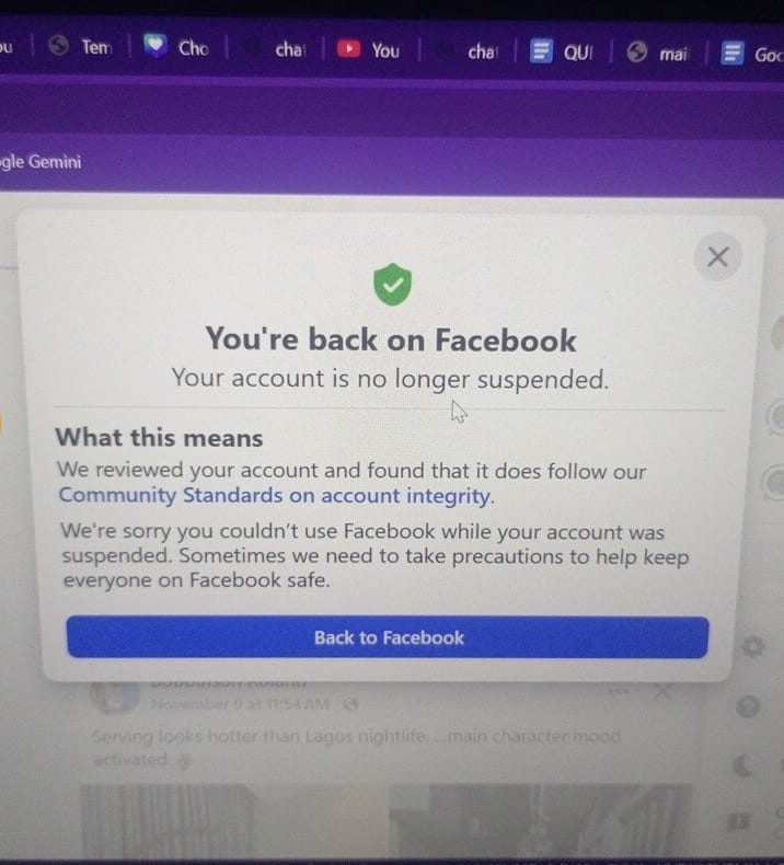 itsriana22's tweet image. @metaData_x After about 6 months, I was finally able to get my Facebook account reactivated 🎉
Big thanks to Technical Services for the help 🙏
All my memories are back ❤️ I truly thought I would never get it back.
Thank you so much, sir 🙌