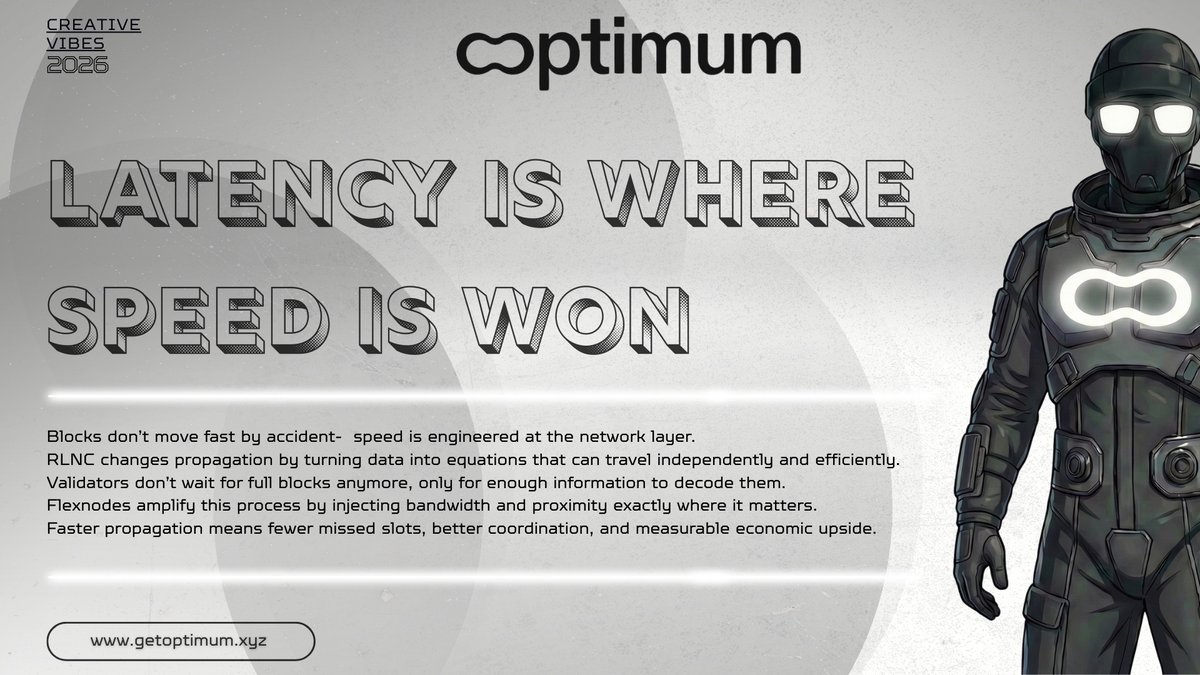ValueCryptoClub's tweet image. Latency is where speed is won  @get_optimum 

Blocks don’t move fast by accident - speed is engineered at the network layer.

RLNC changes propagation by turning block data into equations that travel independently and efficiently.
Validators no longer wait for full blocks, only