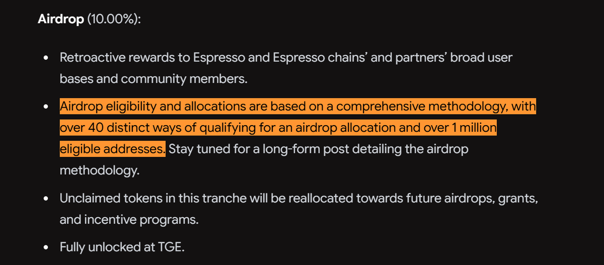 Big news for $ESP holders! 🚀

🚨 $ESP AIRDROP IS LIVE 🚨

espresso-foundation.info/claim

ESP tokenomics just dropped. This is huge.

Eligible:
→ DeFi users
→ Bridged assets earlier
→ OG ETH users

Even a single transaction qualifies.

Initial supply: 3.59B tokens  
10% = community