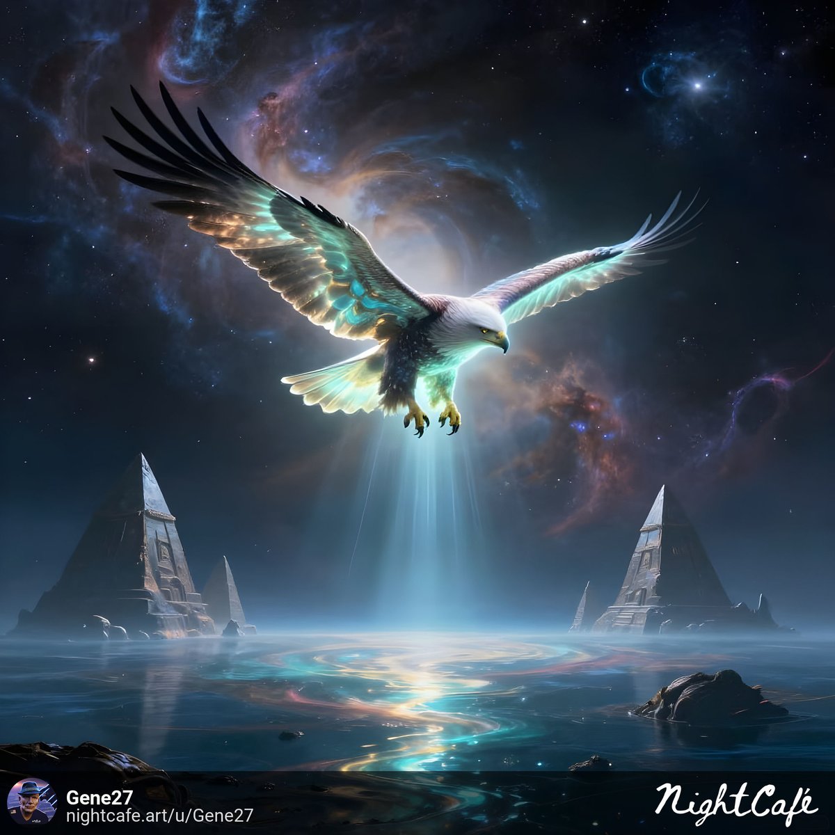 Gene27's tweet photo. A lone, bioluminescent eagle drifts through a nebula-filled air, 5000 feet in the air, on an alien planet. The water glows with an ethereal ... - made with NightCafe  
https://t.co/hrEMNPSeeP #aiart #nightcafe #digitalart via @NightcafeStudio https://t.co/jkW0vtjOsb