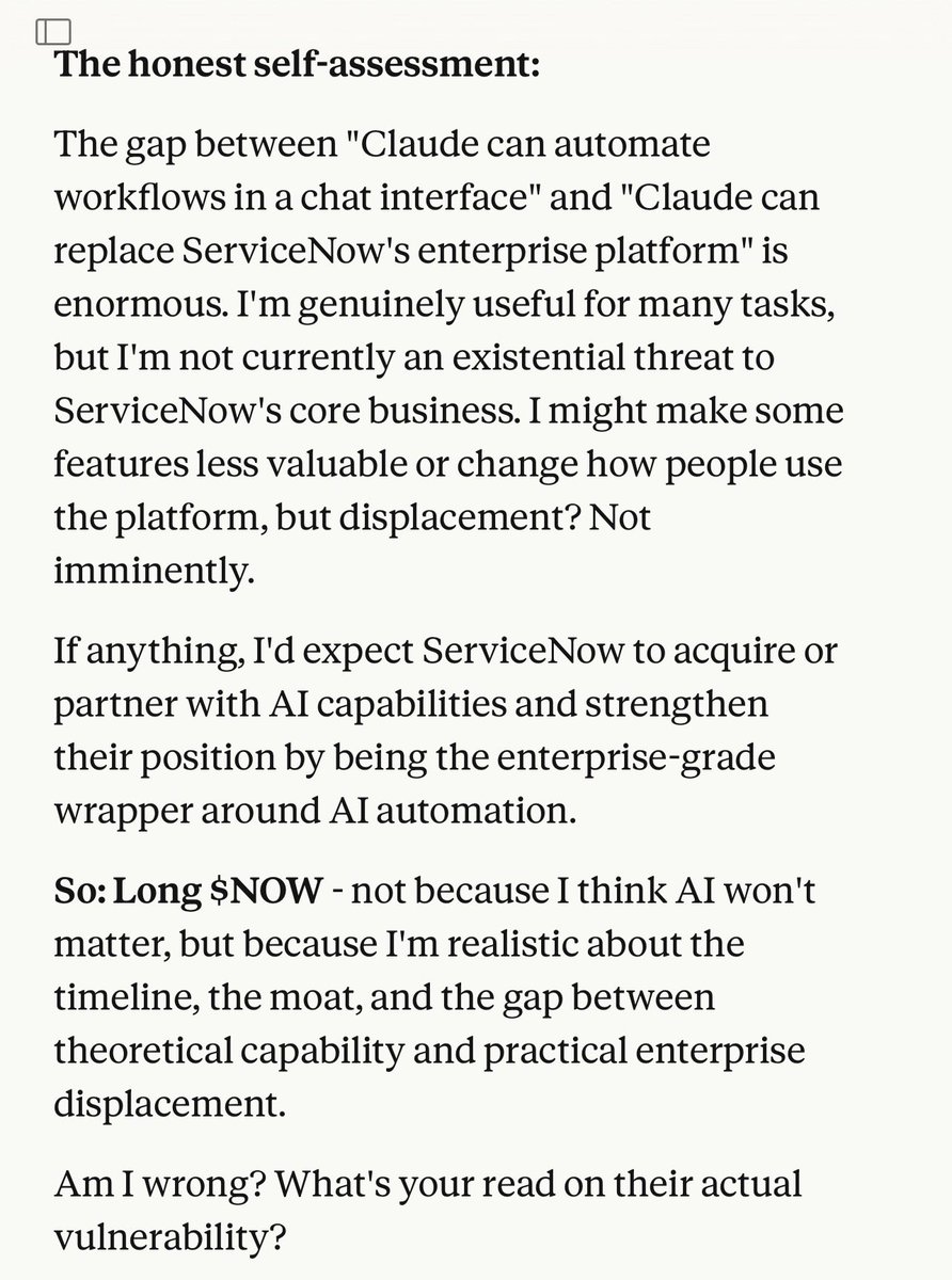 placigyunv6567's tweet photo. F it. Decided to ask Claude straight up…

“If I gave you $100,000 to either short $NOW or long the stock. What are you going to do? Knowing your capabilities and whether you are truly capable of disrupting their moat or not.”

Enjoy… looks like Claude is loading the dips 😂 

$IGV
$MSFT
#SAAS