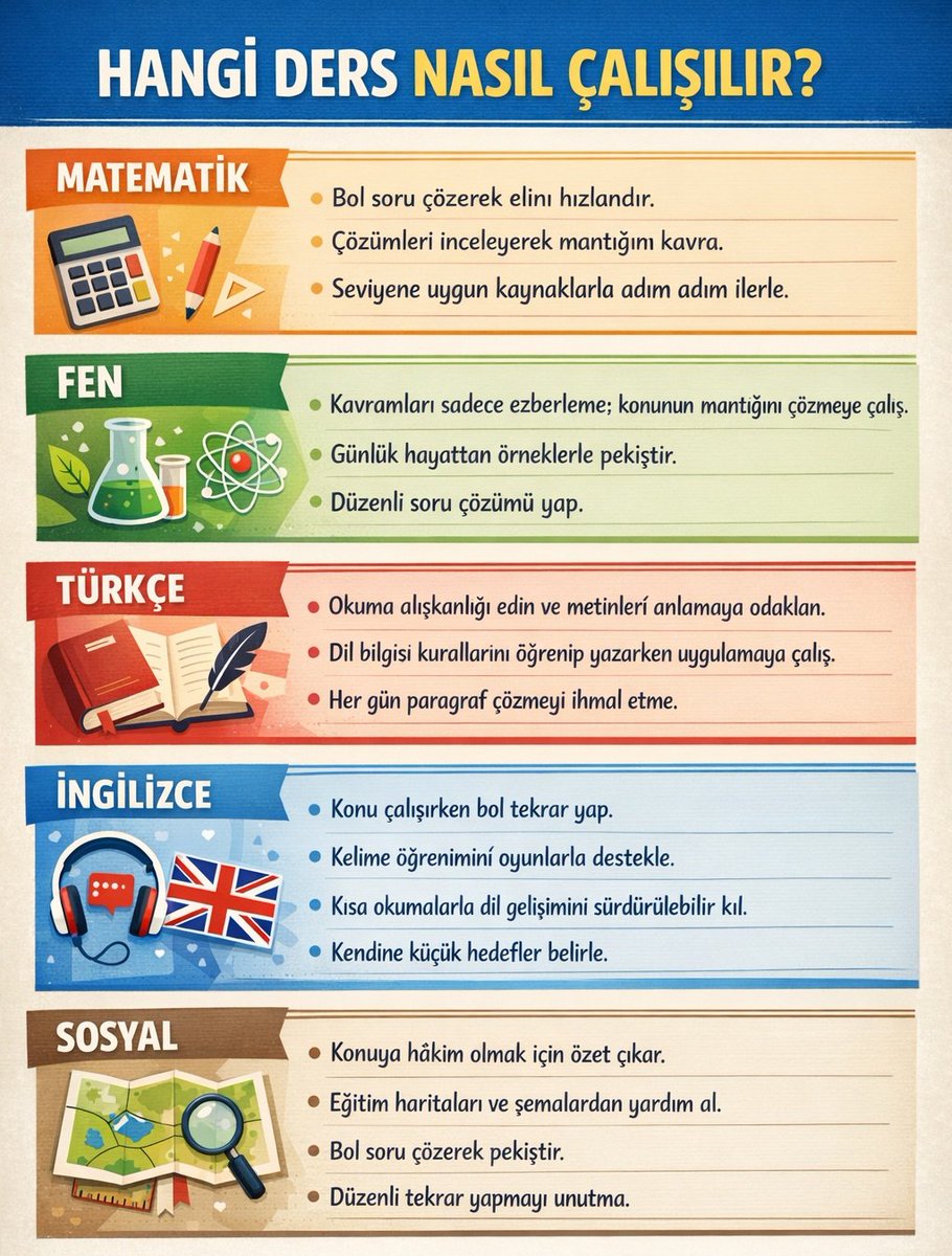 HANGİ DERS NASIL ÇALIŞILIR?

MATEMATİK

Bol soru çözerek elini hızlandır. Çözümleri inceleyerek mantığını kavra. Seviyene uygun kaynaklarla adım adım ilerle.

FEN

Kavramları sadece ezberleme; konunun mantığını çözmeye çalış. Günlük hayattan örneklerle pekiştir. Düzenli soru