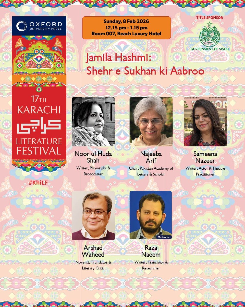<today> Proud to be moderating a session on the #iconic #Urdu  writer Jamila Hashmi in the afternoon today at the <a href="/KarachiIslamab1/">Karachi & Islamabad Literature Festivals</a> . Our session will be from 12:15 PM to 1:15 PM at the Aquarius Hall of the Beach Luxury Hotel. All #Karachi  friends welcome! Thanks <a href="/iamthedrifter/">Ayesha Siddiqa</a>
