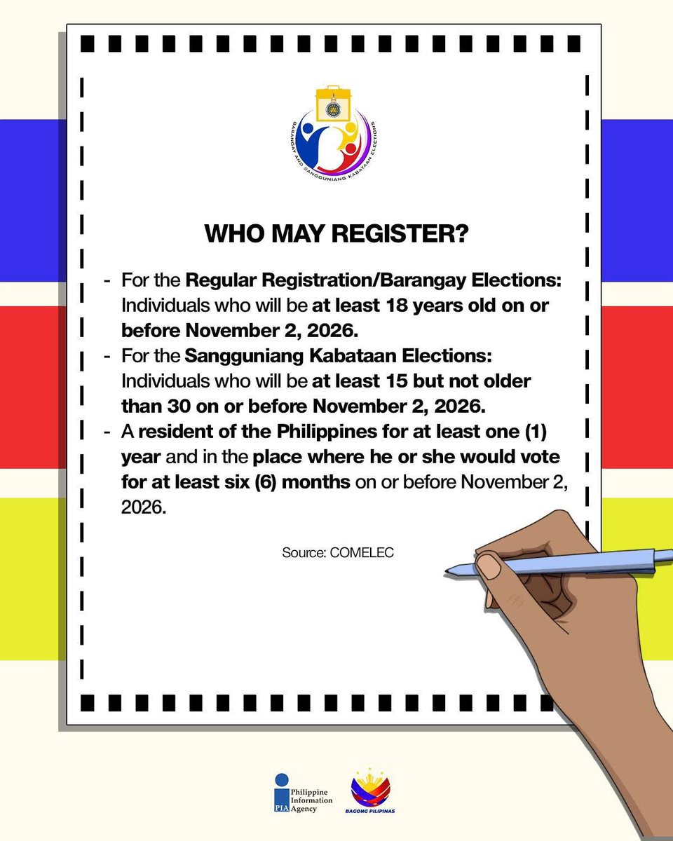 PIA_RIII's tweet image. 𝐑𝐄𝐆𝐈𝐒𝐓𝐄𝐑 𝐍𝐎𝐖 𝐟𝐨𝐫 𝐭𝐡𝐞 𝟐𝟎𝟐𝟔 𝐁𝐚𝐫𝐚𝐧𝐠𝐚𝐲 &amp;amp; 𝐒𝐊 𝐄𝐥𝐞𝐜𝐭𝐢𝐨𝐧𝐬! 🗳✨

Read and swipe through the cards to learn who can register, where, and how.

#IntegratedStateMedia #ISM #VoterRegistration
#2026BSKE #BSKE2026 #BSKEKaisaKa