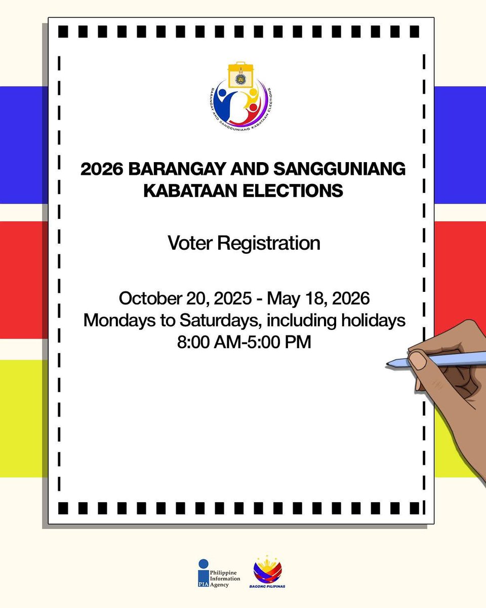 PIA_RIII's tweet image. 𝐑𝐄𝐆𝐈𝐒𝐓𝐄𝐑 𝐍𝐎𝐖 𝐟𝐨𝐫 𝐭𝐡𝐞 𝟐𝟎𝟐𝟔 𝐁𝐚𝐫𝐚𝐧𝐠𝐚𝐲 &amp;amp; 𝐒𝐊 𝐄𝐥𝐞𝐜𝐭𝐢𝐨𝐧𝐬! 🗳✨

Read and swipe through the cards to learn who can register, where, and how.

#IntegratedStateMedia #ISM #VoterRegistration
#2026BSKE #BSKE2026 #BSKEKaisaKa