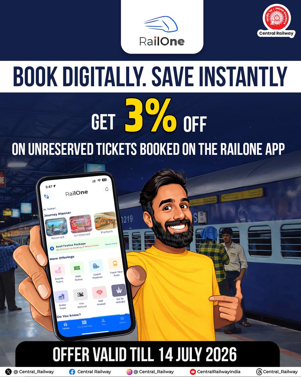 Switch to Smart Travel with RailOne App ✨

Book unreserved tickets digitally and enjoy 3% instant savings via the RailOne App. 🚆  
A secure, convenient and smarter way to make your everyday travel hassle-free.

Offer valid till 14 July 2026

#CentralRailway #RailOneApp