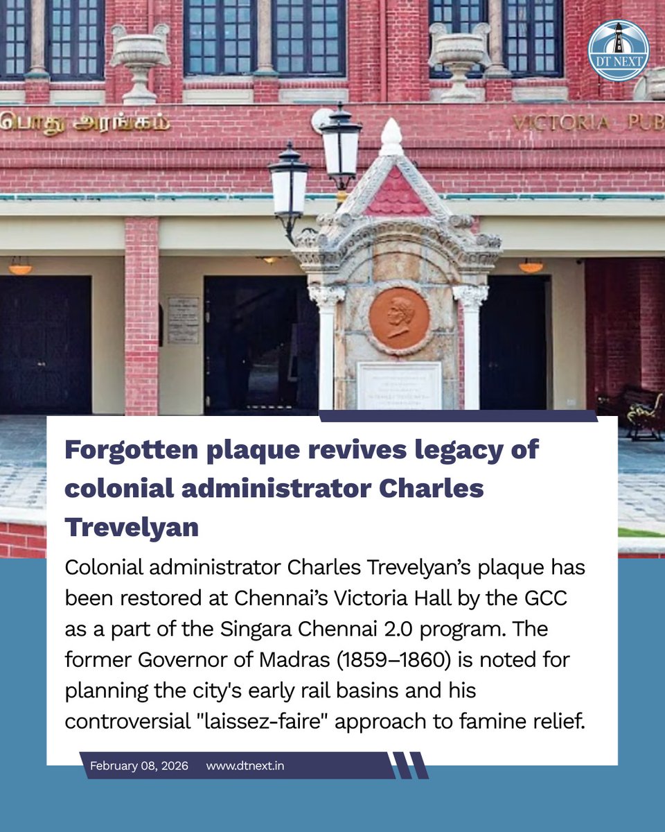 dt_next's tweet photo. Colonial administrator Charles Trevelyan’s plaque has been restored at Chennai’s Victoria Hall by the GCC as a part of the Singara Chennai 2.0 program. 

🖊️AX Alexander, DGP (retd), headed the Tamil Nadu Police in 2005-06

https://t.co/U60Jk1ZVPH 

#DTNext #Chennai #Restoration https://t.co/F2iVox3NiB