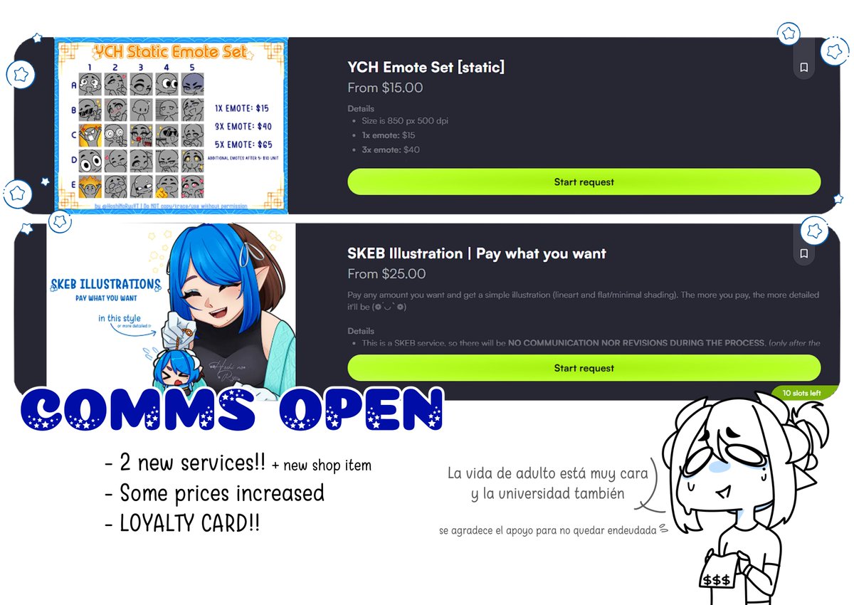 🌟 2026 COMMS!! #VGenOpen 

✧ 2 brand-new services added!! (+ a new item on my shop)
✧ Some prices increased due to my current economic situation and bills that I need to pay soon
✧ Now my clients will get a loyalty card :D

❤️+🔁 appreciated!!