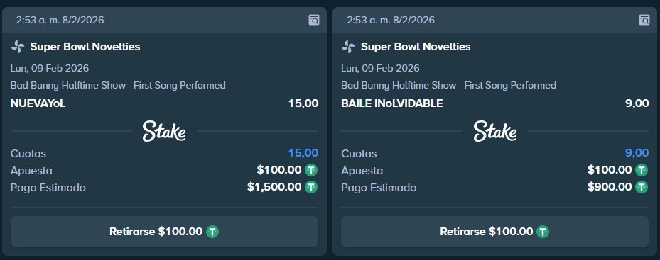 Mañana se viene el SUPERBOWL y <a href="/StakeEspanol/">Stake Español</a> se la jugo con muchas apuestas distintas.

Le meti a que Badbunny sale con NUEVAYOL o BAILE INOLVIDABLE

Hay mil cosas mas que se pueden apostar
Registrate en: stake1021.com/?offer=rakyz&c…