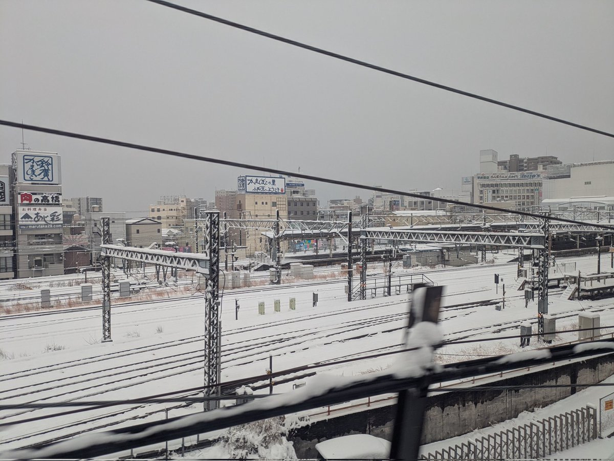 futanoki's tweet image. 東海道新幹線に乗ってるけど、西湘方面がすごい雪だ。車体に付いた雪を落とすために小田原に止まるらしい。