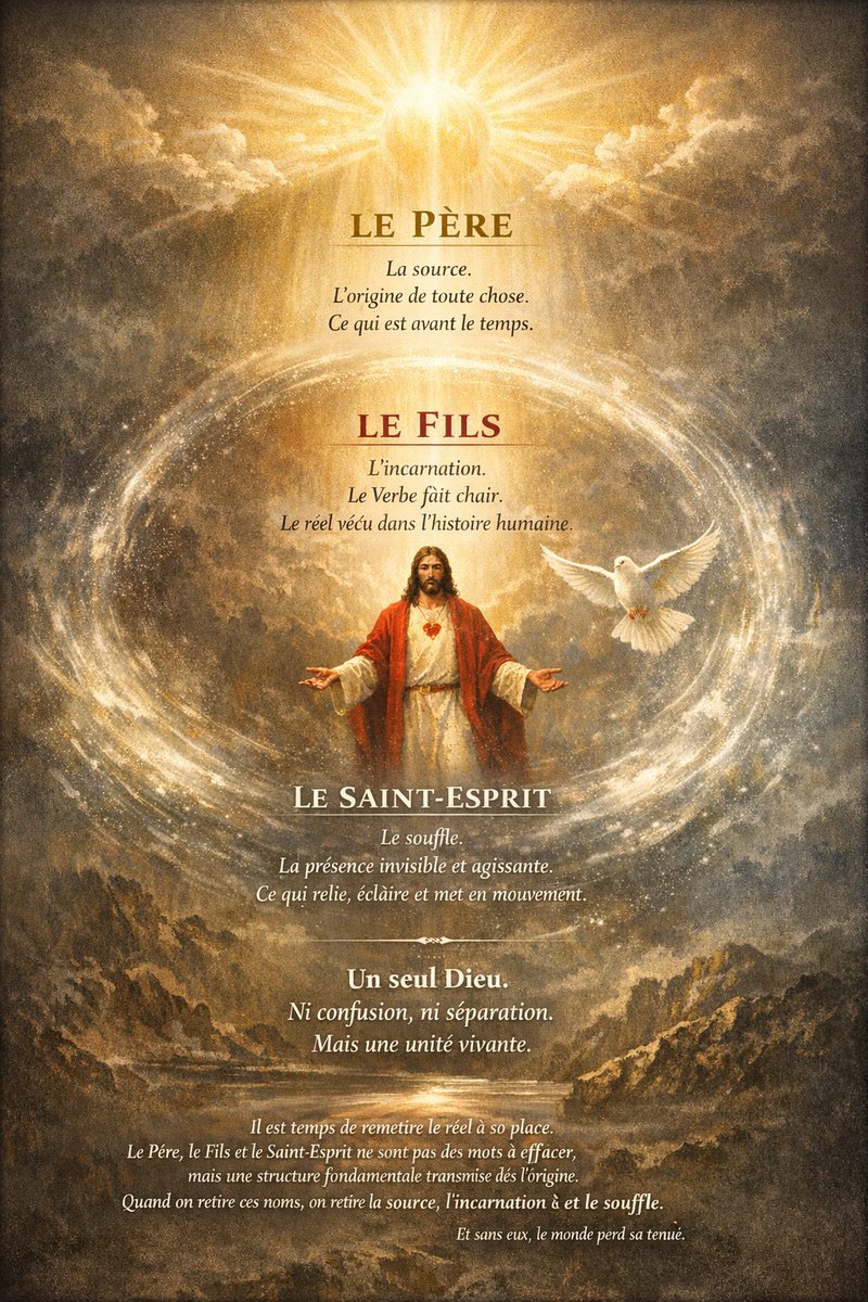 Pourquoi cette image ?
Parce qu’elle ne raconte pas une croyance, elle montre une structure fondatrice.
Dès l’origine, le réel s’est dit ainsi : une source, une incarnation, un souffle.
Le Père comme origine, le Fils comme présence dans l’histoire, l’Esprit comme lien vivant.