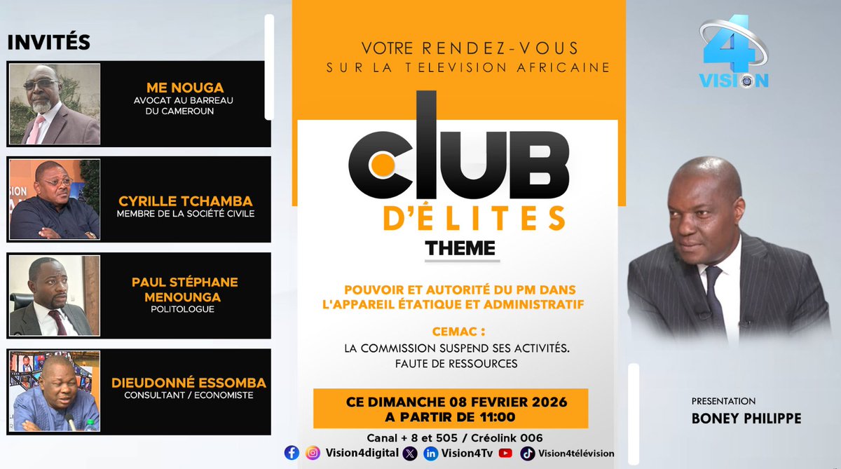 vision4_tv's tweet photo. ⚫🟠CE DIMANCHE 08/02/2026 À PARTIR DE 11H00 NE MANQUEZ SURTOUT PAS VOTRE ÉMISSION DE DÉBAT CLUB D'ÉLITES.
Présentation: BONEY Philippe
🛜 LIVE SUR FACEBOOK ET YOUTUBE
BON WEEK-END À TOUS SUR VISION4 !
008 et 505 de canal+
006 de creolink
#Visionners
#Vision4
#followers https://t.co/IMQrvIgce4