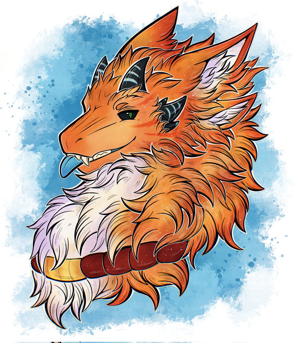 And a very handsome and stunning headshot of my fluffy cat dragon Atreus! Done by @/Mollin_Art