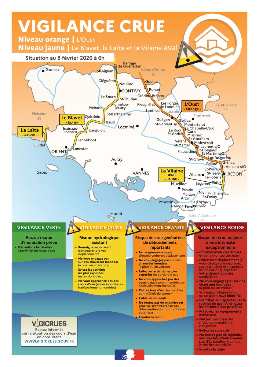Image de Préfet du Morbihan - Vigilance Crues | ⚠️
Niveau Orange – L’Oust - 8 février 2026

Le préfet du Morbihan vous informe que