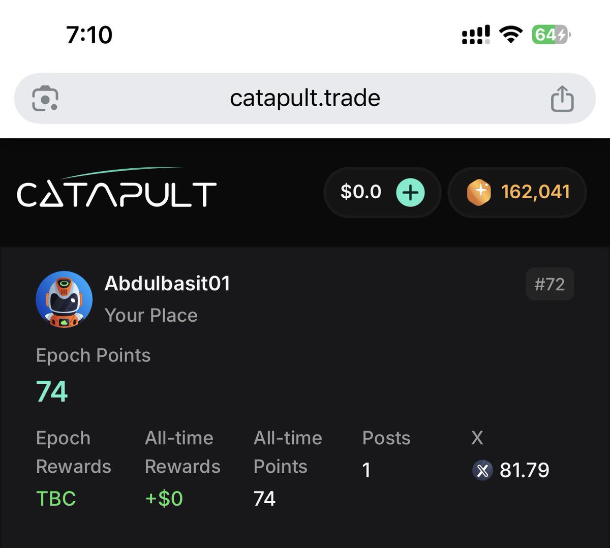 Gm frens 

I got 74 points from this post currently ranking 72 🥲let’s do more on <a href="/letsCatapult/">Catapult</a> today too 50 is the goal 

Trade
Preach 

Have a nice day