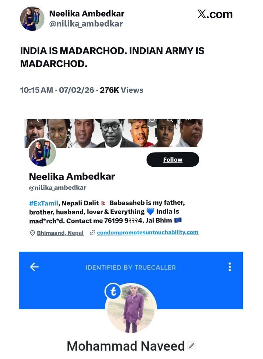 हैंडल का नाम: नीलिमा अंबेडकर
पहचान: दलित
असली नाम: मोहम्मद नवीद

हजारो लाखो विधर्मी, हिंदुओं की अलग अलग जातियों के नाम से एकाउंट बनाकर दूसरी जातियों को गालियां दे रहे हैं ।
सावधान रहें, सजग रहे ।