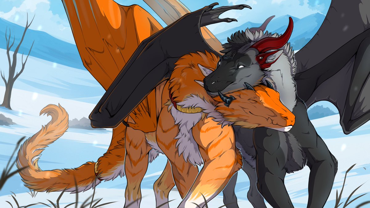 Xendrick9's tweet image. Cozy winter piece of my dragon Atreus and my friend Ven. Art by @/TitaniaFlaming 
Friend is @/LeopardPhanUwU