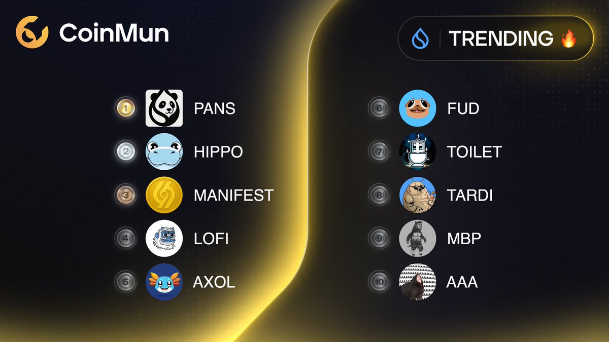 🔥 Top 10 Trending #CoinMun #Sui 🔥 

🥇 $PANS <a href="/0xPandaSui/">PandaSui</a> 
🥈 $HIPPO <a href="/hippo_cto/">Hippo</a> 
🥉 $MANIFEST <a href="/manifestsui/">MANIFEST</a> 
4️⃣ $LOFI <a href="/lofitheyeti/">Lofi The Yeti</a> 
5️⃣ $AXOL @Axolonsui 
6️⃣ $FUD <a href="/fudthepug/">FUD</a> 
7️⃣ $TOILET <a href="/toiletdustsui/">toilet dust</a> 
8️⃣ $TARDI <a href="/Tardionmoon/">Tardi</a> 
9️⃣ $MBP <a href="/ManBearPig_25/">ManBearPig</a> 
🔟 $AAA <a href="/aaaCatSui/">aaa cat</a> 

⚡️