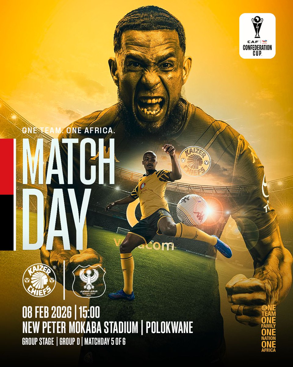 Match Day!

🏆#TotalEnergiesCAFCC 
⚽️Kaizer Chiefs vs. Al Masry SC
👕First Team 
🗓️Sunday 08 February 2026
🏟Peter Mokaba Stadium
🕞15h00 SAST
🎟R80: Shoprite, Computicket: kaizerchiefs.com/kc-tickets
📺SABC 1 &amp; SuperSport 209
📢Please come early

#KCOneAfrica #Amakhosi4Life
