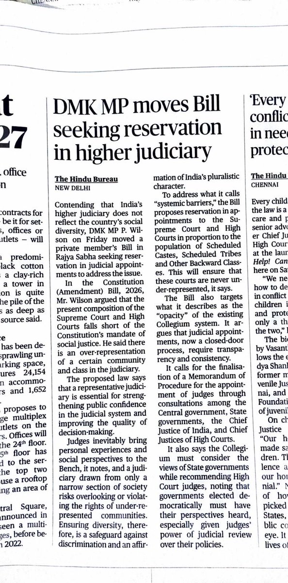 AmbedkariteLM's tweet photo. 🚨Time to end the 'Collegium Raj' in judiciary!

DMK MP P. Wilson introduced Constitution Amendment Bill 2026: Population-based reservation for SC/ST/OBC in Supreme Court & High Courts!

Hard facts:
⭐ Last 5 yrs High Court judges – ~80% upper castes, only 4% SC, 2% ST, 13% OBC.
⭐ Supreme Court dominated by Brahmins & upper castes – certain communities have captured it!

Collegium:
⭐ Opaque, closed-door, full of 'uncle judge' syndrome – it's an exclusive club, not social justice!

Bill demands:
⭐ Reservation for SC/ST/OBC/minorities/women
⭐ Transparency + finalize MoP
⭐ Regional SC benches (Chennai, Mumbai, Kolkata)
⭐ HC judge retirement 62 → 65

⭐ Since 1950, no reservation in judiciary – now justice must be equal for all, not a privilege for few!