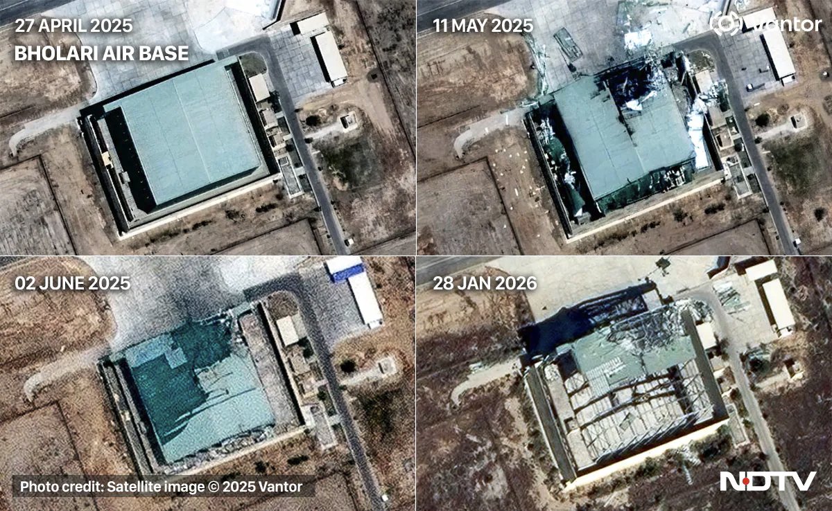 detresfa_'s tweet image. Higher resolution imagery of the hangar at Bholari Airbase, Pakistan shows how the roof sheets are being removed exposing the steel frame of the hangar as likely repairs are underway 9 months after this site was struck by India in May 2025 

Read - ndtv.com/world-news/ope…
