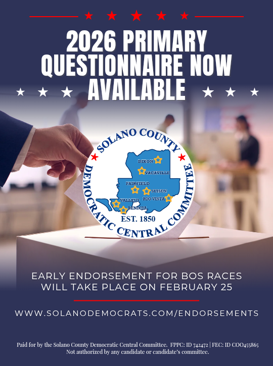 solanodems's tweet photo. SCDCC 2026 Primary Election Candidate Questionnaire has been posted for Democratic candidates.
Early endorsements for Board of Supervisors races will take place on Feb 25. Endorsements for all other June 2026 races are tentatively scheduled for March.

https://t.co/65tli4p4VX https://t.co/tsf4I1XHXz