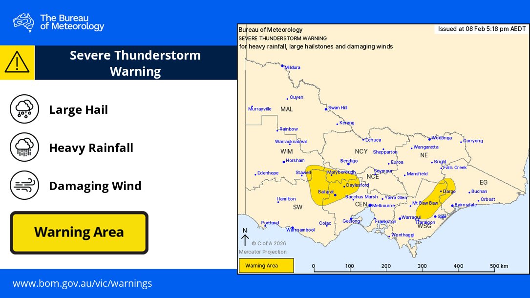 BOM_Vic's tweet photo. ⚠️⛈️Severe Thunderstorm Warning for #HeavyRain #LargeHail & #DamagingWinds
Heavy rainfall with thunderstorms in parts of eastern Victoria and the central ranges this afternoon.
https://t.co/paNLRed59Y https://t.co/TiHAhy47R2