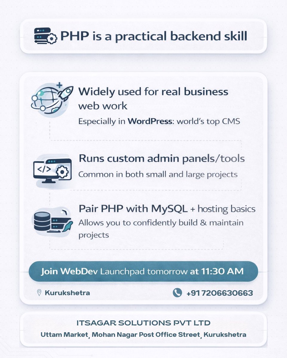 ItsagarSol's tweet photo. PHP is a practical backend skill—and it powers real business web work.
WebDev Launchpad (6-weeks, offline) starts tomorrow 11:30 AM in Kurukshetra.
Enroll: +917206630663
Map: https://t.co/eg13fVAVLB
#PHP #WebDevelopment #Kurukshetra https://t.co/SdYDKLuTSe