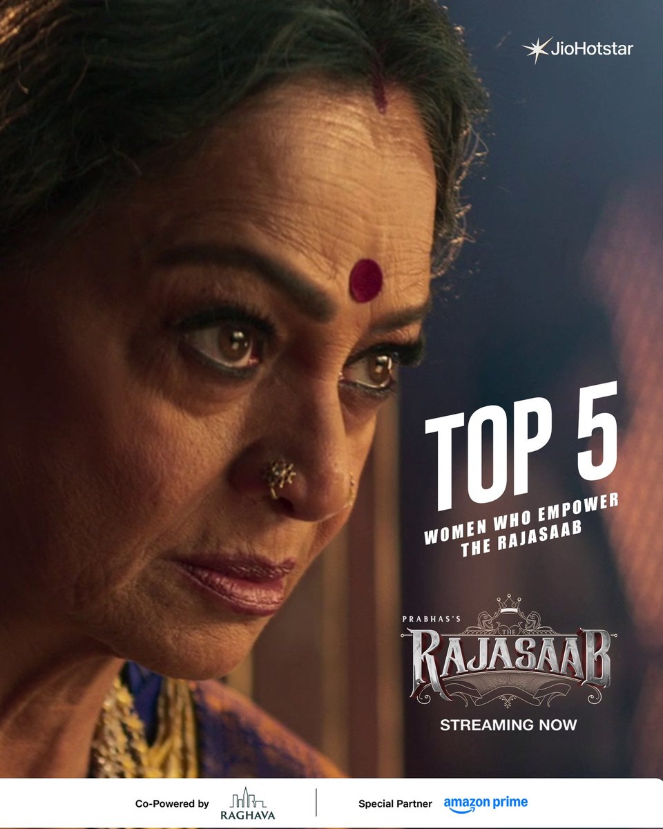 JioHotstarTel_'s tweet image. Five women whose strength commands destinies and shoulders the world of The RajaSaab! 💎

Welcome India's Biggest Superstar Home with JioHotstar! 👑

#Top5 #TheRajaSaab #TheRajaSaabOnJioHotstar #JioHotstar