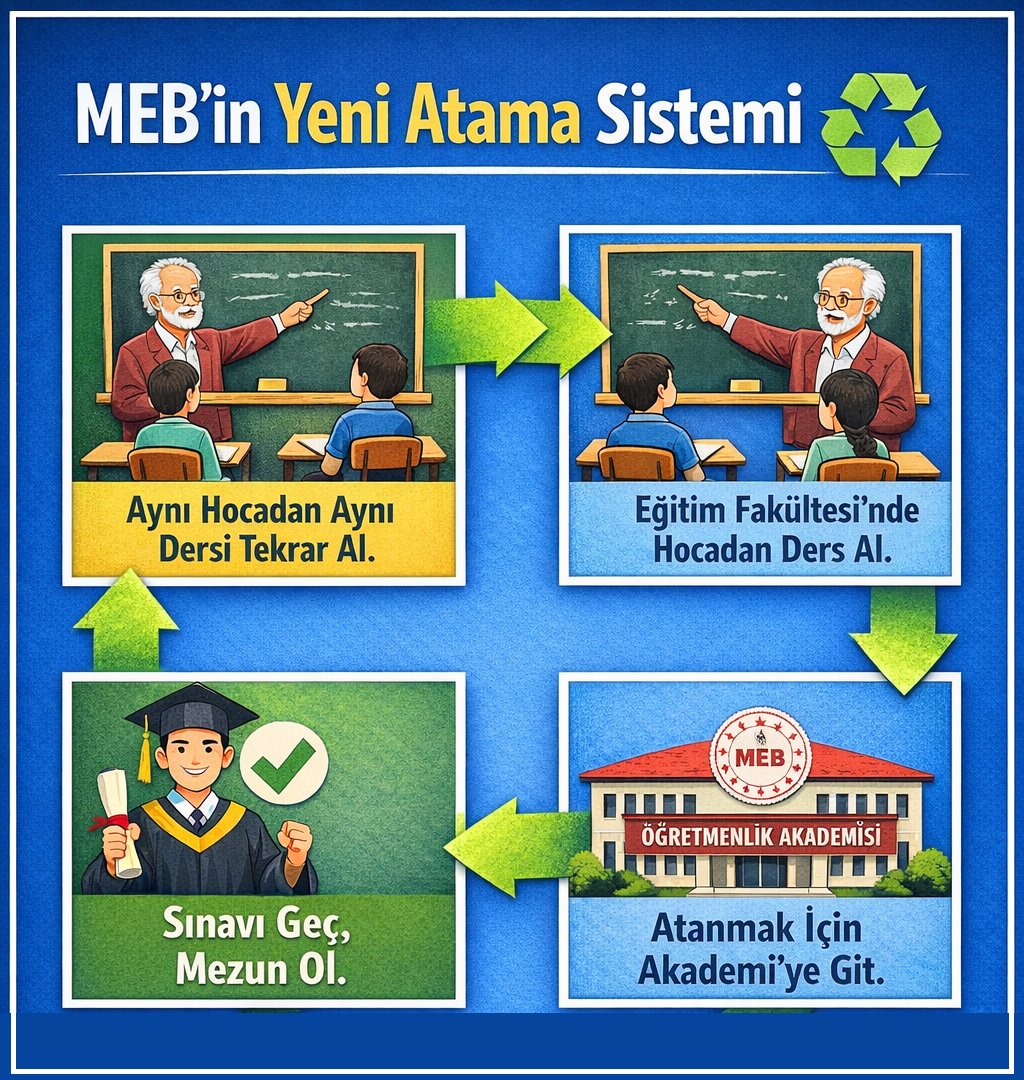 ogretmensitemiz's tweet photo. MEB’in yeni atama sistemi ♻️

⬇️ Eğitim Fakültesi'nde hocadan ders al.
⬇️ Sınavı geç, mezun ol.
⬇️ Atanmak için Akademi'ye git.
⬇️ Aynı hocadan aynı dersi tekrar al. https://t.co/6dFdx93t0P