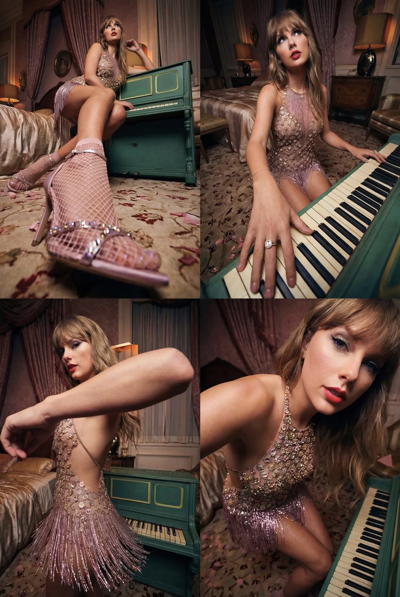 xmliisu's tweet image. Gemini Nano Banana Pro

Taylor Swift turning every room into a fairytale melody 💖🎶

Prompt:
{
  "project_title": "Vintage Glamour Piano Series",
  "common_elements": {
    "subject": "Young woman with dark blonde hair, straight bangs, and red lipstick.",
    "outfit": "Sheer,…