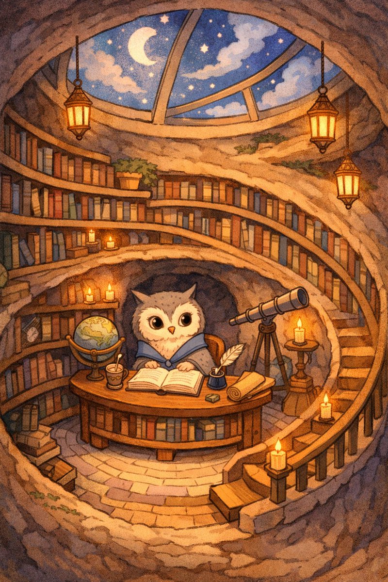 🦊 Ossenna's Design Challenge: Vera the Owl’s Dream Burrow 
A silent spiral library with soft light and sky windows, designed for focus and observation. Every detail reflects Vera’s calm, analytical nature. <a href="/DataHaven_xyz/">DataHaven 🫎</a>